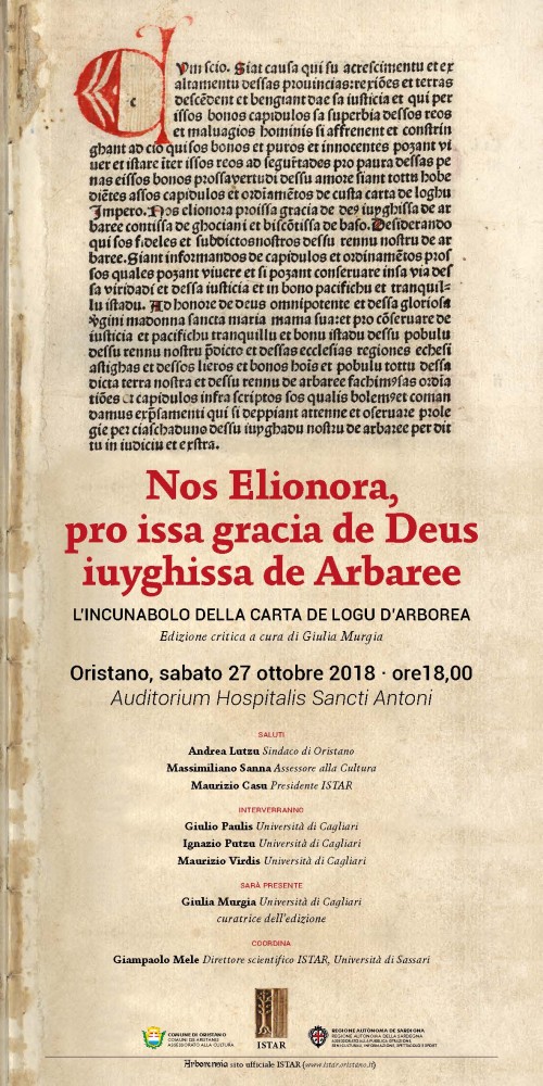 Presentazione del volume: Carta de Logu d'Arborea, a cura di Giulia Murgia. ISTAR Istituto Storico Arborense.